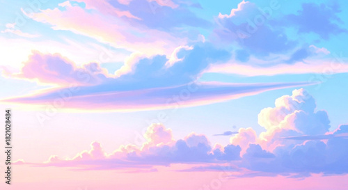 Beautiful pastel pink and blue sunset sky with soft, fluffy cumulus clouds