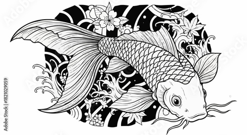 Detailed Koi Fish Illustration with Intricate Scale and Fin Design.