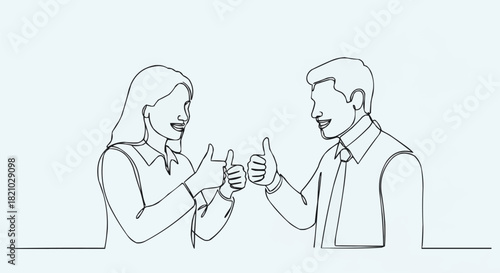 Continuous line drawing of a man and woman showing a thumbs up gesture.