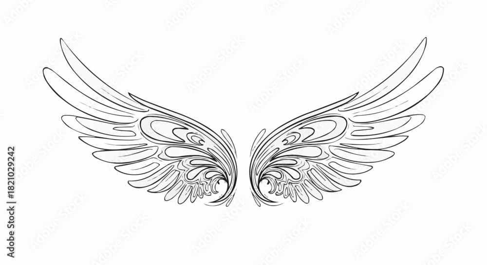 Fototapeta premium Elegant pair of sketched angelic wings with ornate patterns.
