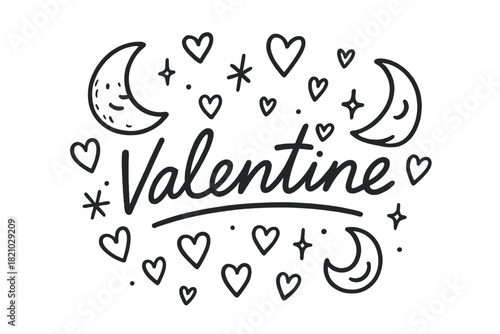 Valentine's Moonlit Hearts. Hand-drawn valentines day with moons, hearts, and sparkles, center word “Valentine” in black and white