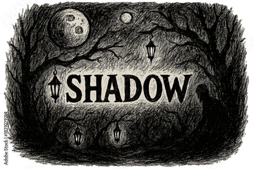 Drawing of a moon and a tree with the word "shadow" written in the middle