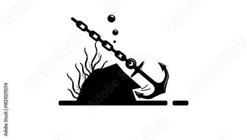 Anchor caught on a rock, black isolated silhouette
