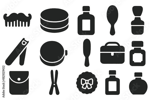 Vintage Grooming Icons. Solid style icons of Vintage Grooming: Mustache Comb, Pomade Tin, Hair Tonic, Brush, Nail Clippers, Shoe