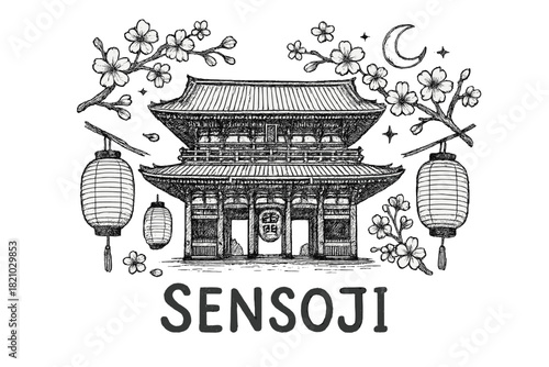 Drawing of a building with lanterns hanging from it