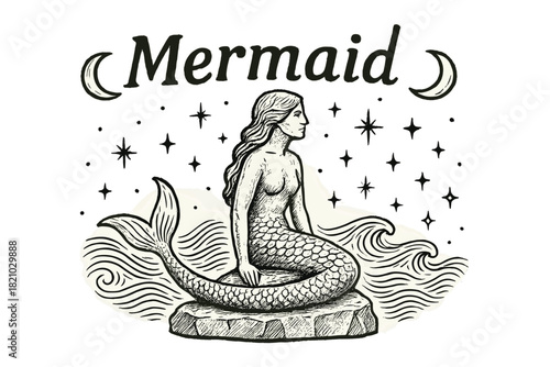Woman is sitting on a rock with a mermaid tail