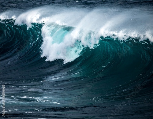 Fototapeta Naklejka Na Ścianę i Meble -  A powerful wave crests, churning with turquoise foam against the deep blue sea on a windy day