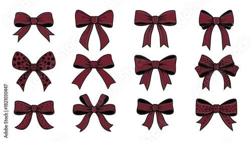 Collection of elegant burgundy satin bows for decoration and gifting