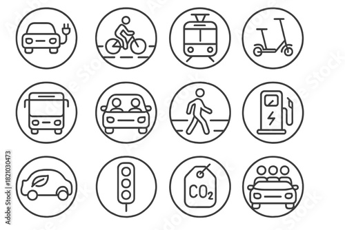 Sustainable Transport Icons. Line style round icons of sustainable transport: electric car, bike lane, tram icon, e-scooter;