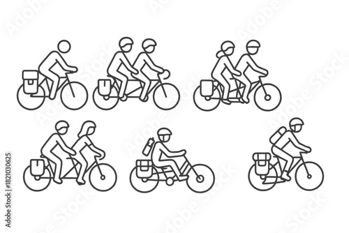 Cyclist Journey Icons. Line style icons of cyclist types on long journeys: solo cyclist icon, tandem riders, cycling couple,