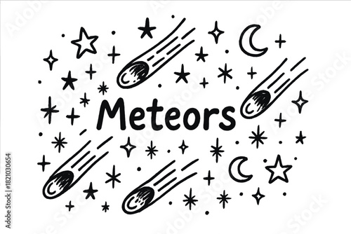 Meteor Shower Doodle. Doodle meteor shower with stars, sparkles, and moons, center word “Meteors” in black and white isolated
