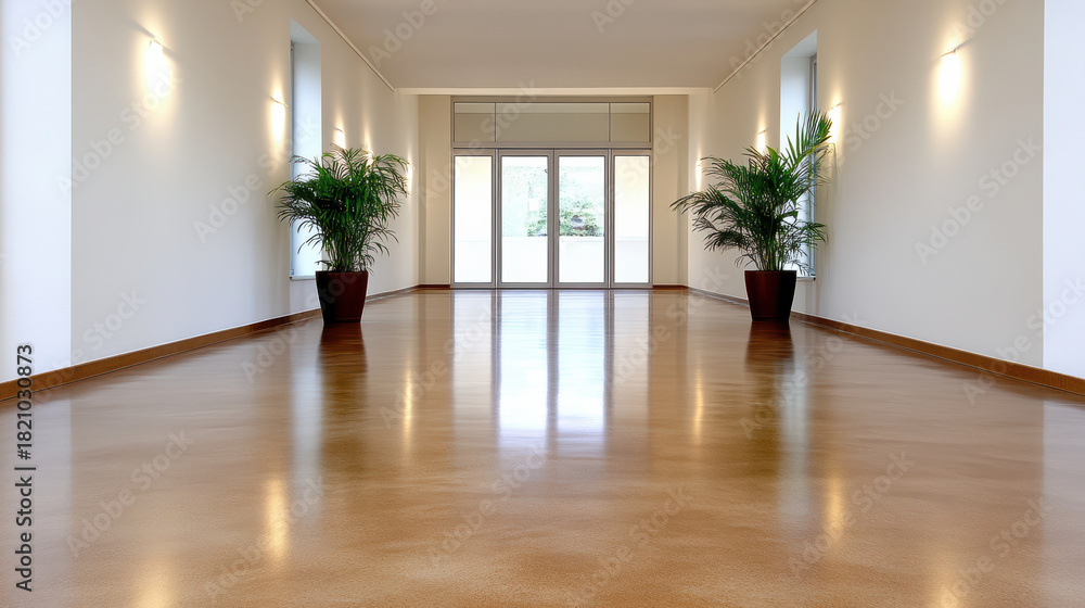 Fototapeta premium Empty hallway with polished wood floor calm minimal natural light