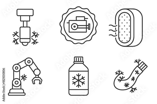 Cryo-Robotics Icons. Line style icons of cryo-robotics: frozen actuator icon, low-temp servo badge, thermal insulation shell,