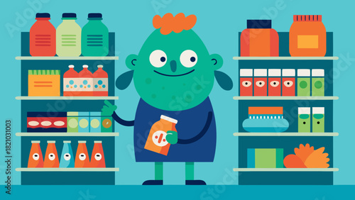 Funny cartoon character shopping in grocery store surrounded by colorful products and food packages on shelves