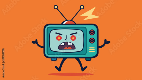 Angry cartoon television character with antennae, glowing eyes and lightning bolt on bright orange background
