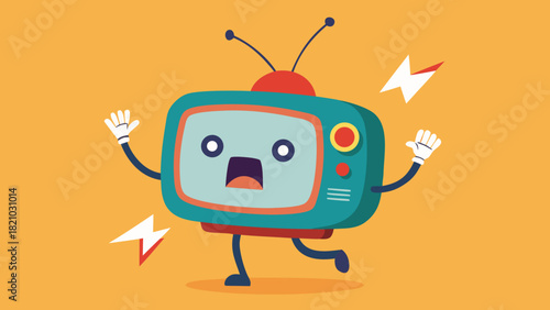 Scared cartoon television character with shocked expression, antennae and lightning bolts on bright orange background