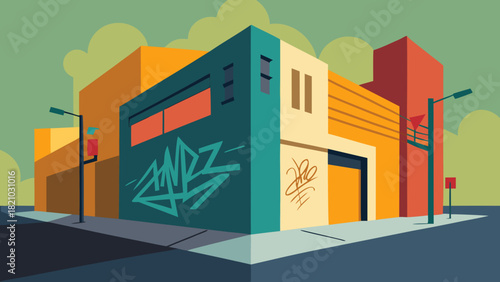 Colorful vector illustration of urban building on street corner with graffiti and street lamps in geometric flat style