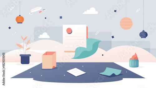 Minimal flat illustration of creative workspace with floating documents, decor items, and soft pastel background