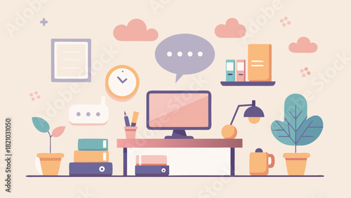 Flat illustration of cozy home office with computer desk, plants, books, and decorative elements in soft pastel tones