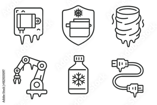 Cryo-Robotics Icons. Line style icons of cryo-robotics: frozen actuator icon, low-temp servo badge, thermal insulation shell,
