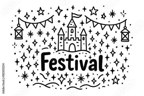 Winter Festival Doodle. Doodle winter festival in castle with stars, lanterns, and sparkles, center word “Festival” in black and