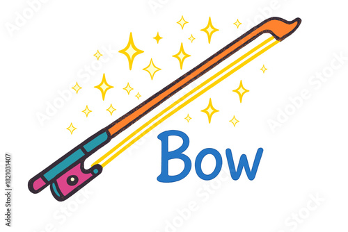 Colorful Doodle Bow. Colorful doodle violin bow with golden strings and glowing sparkles, center word “Bow”, isolated transparent