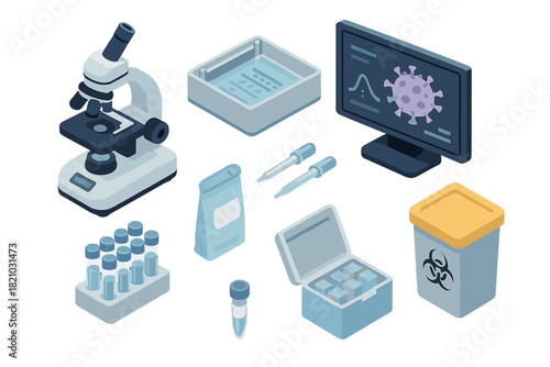 Isometric Microbiology Lab Tools. Isometric vector illustration set of Microbiology lab: digital microscope, gel electrophoresis