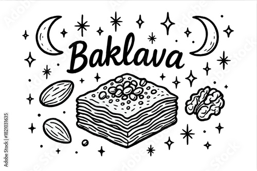 Black and white drawing of a dessert with the word Baklava written in white