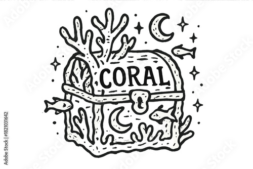 Coral Chest Art. Hand-drawn coral chest with moons, fish, and sparkles, center word “Coral” in black and white isolated