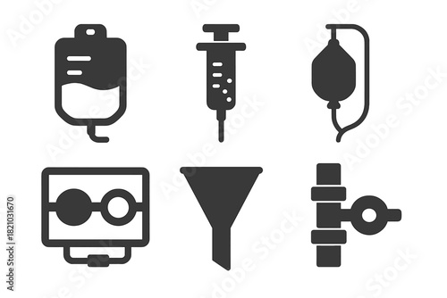 Microbial Infusion Tools. Solid style icons of microbial infusion tools: infusion bag, stool slurry syringe, gravity-fed tube. Mix