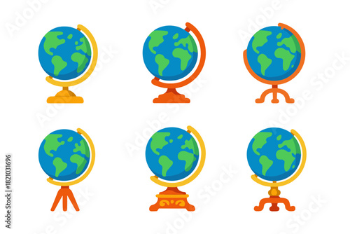 Globe Stand Icons. Flat vector icons of Globe Stands: brass mount, wooden pedestal, gimbal ring, tripod stand, carved base,