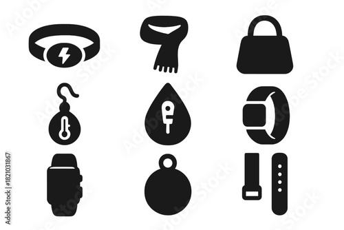 Reactive Accessories Icons. Solid style icons of reactive accessories: mood bracelet icon, dynamic scarf badge, color bag panel.