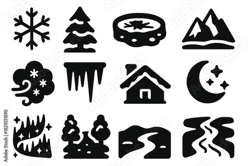 Winter Wonderland Icons. Solid style icons of Winter Environment: snowflake, snowy pine tree, frozen lake, icy mountain, frosty