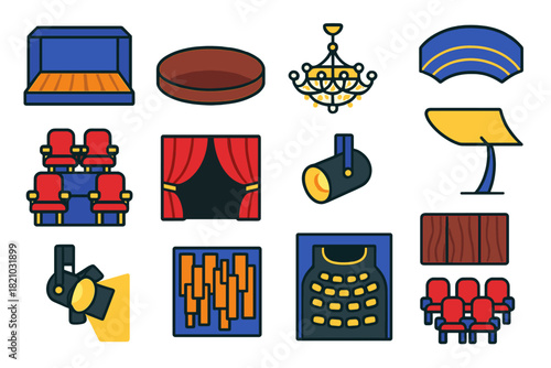 Concert Hall Icons. Flat vector icons of concert hall design: stage platform, orchestra pit, balcony seating, grand chandelier,