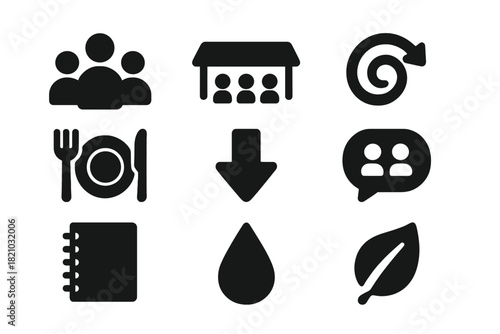 Social Dining Icons. Solid style icons of social and communal eating: group of people, table, plate, fork, knife, arrow, spiral,