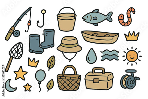 Collection of cartoonish images of fishing gear and other outdoor items