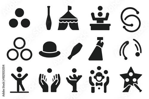Juggling Circus Icons. Solid style icons of Juggling: three juggling balls, juggling pin, circus tent, stage performance, juggling