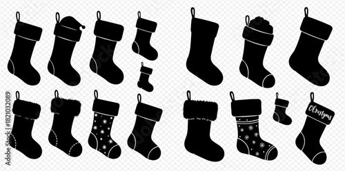 A collection of black silhouette Christmas stockings in various designs and sizes, perfect for holiday decorations and festive themes.