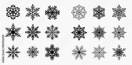 A collection of various intricate black snowflake designs on a white background, perfect for winter and holiday themes and graphic resources.
