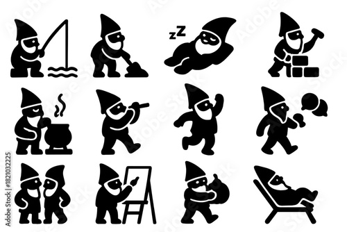 Gnome Activity Icons. Solid style icons of Gnome Activities: gnome fishing, gnome gardening, gnome sleeping, gnome building, gnome