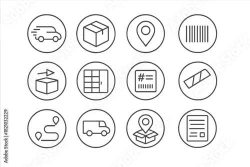 Delivery Icons Set. Line style round icons of delivery and shipping: delivery van, shipping box, address label, tracking barcode;