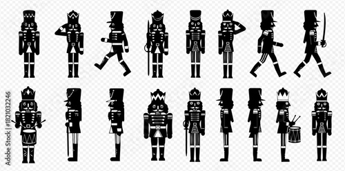 A collection of black silhouette nutcracker soldiers in various poses and with different instruments.