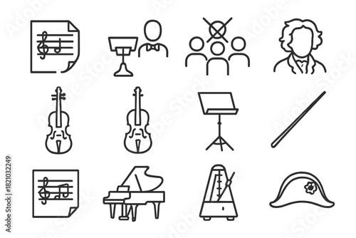 Musical Line Art Icons. Line style icons of Musical Remnants: Unfinished Score, Conductor's Podium, Silent Orchestra, Lost Genius;