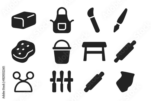 Ceramic Workshop Icons. Solid style icons of Ceramic Workshop: Clay Block, Apron, Brush, Carving Tool, Sponge, Bucket, Wooden