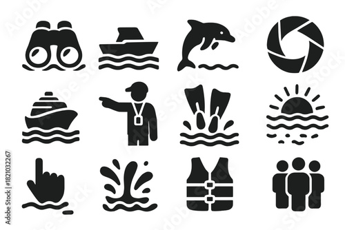 Dolphin Watching Icons. Solid style icons of Dolphin Watching: binoculars on ocean, boat silhouette, dolphin leaping, camera