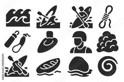 Whitewater Kayaking Icons. Solid style icons of Whitewater Kayaking: rapid river waves, kayak nose up, paddler bracing, rescue