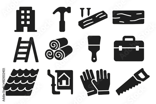 Building Essentials Icons. Solid style icons of Building and maintenance items: hammer, nails, wood plank, ladder, log stack,