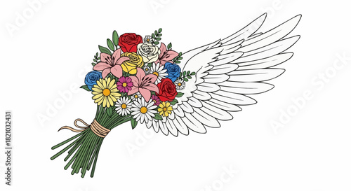 Symbolic memorial bouquet of colorful flowers with an angel wing.