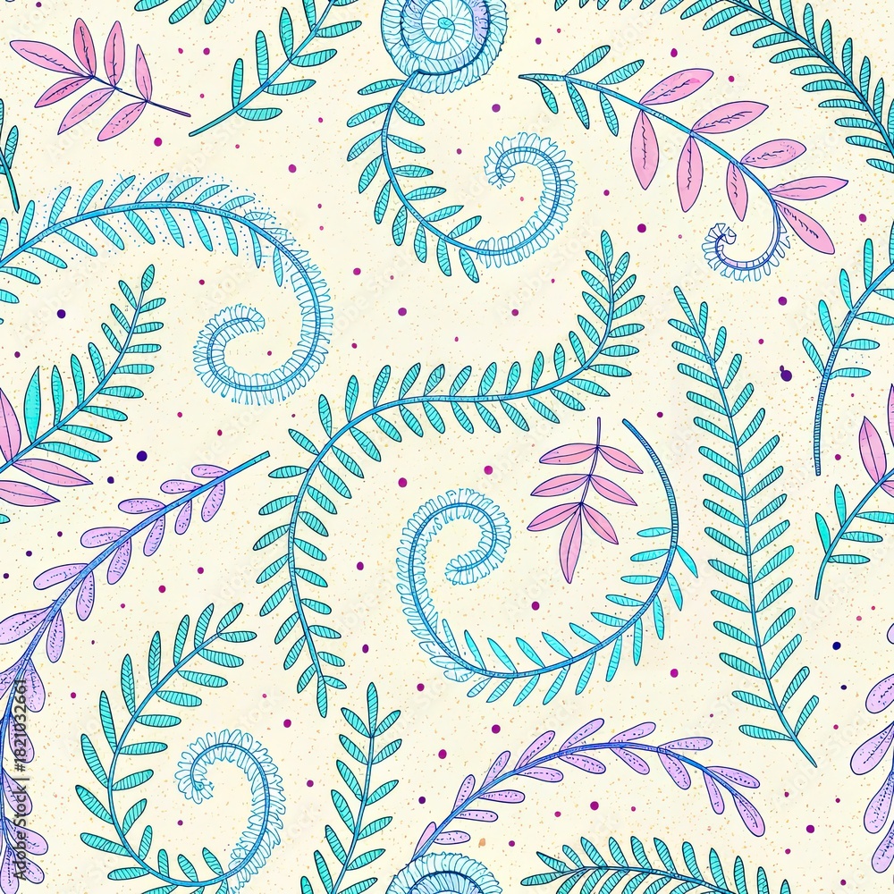 Fototapeta premium Seamless pattern featuring stylized blue and pink fern fronds and spirals on a textured cream background