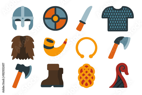 Viking Armor Icons. Flat vector icons of Viking Armor: iron helmet, round shield, seax blade, chainmail shirt, wooden spear, fur
